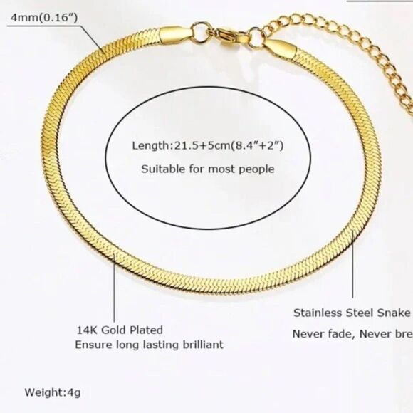 New Gold Herringbone Chain Anklet Waterproof Snake Chain Smooth Ankle Bracelet - Picture 3 of 6